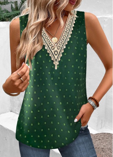Green tops,Plain Color tops,ROTITA Lace Green V Neck Tank Top