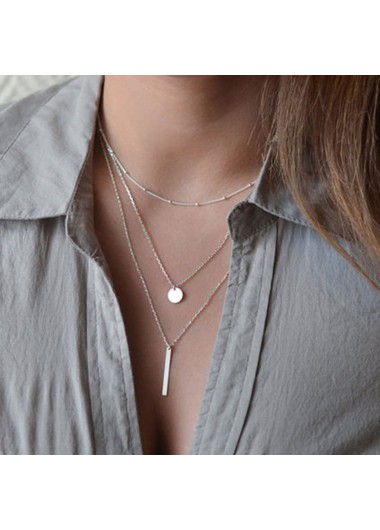 Silver jewelry,Geometric jewelry,Round Geometric Pattern Alloy Detail Silver Necklace