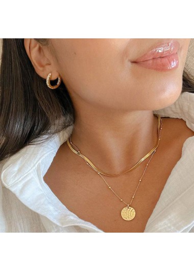 Golden jewelry,Geometric jewelry,Round Golden Geometric Pattern Alloy Detail Necklace