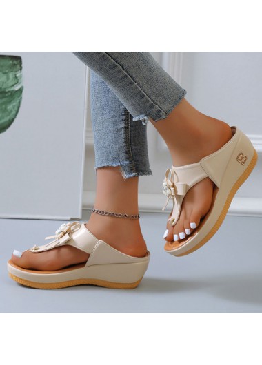 Beige accessories,Plain Color accessories,Beige Pearl Design Mid Heel Flip Flops