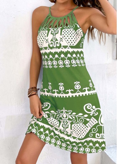 Avocado Green dresses,Tribal dresses,Geometric dresses,Plants dresses,Animal Print dresses,Cage Neck Tribal Print Avocado Green Dress