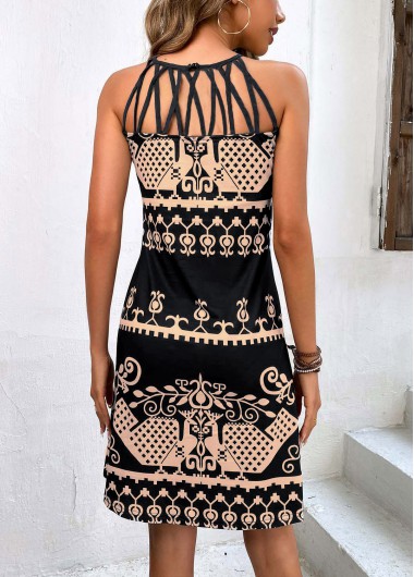 Black dresses,Tribal dresses,Plants dresses,Geometric dresses,Cage Neck Tribal Print Black Dress