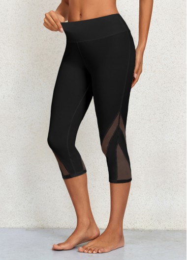 Black bottoms,Plain Color bottoms,Black Mid Waisted Elastic Waist Capri Leggings