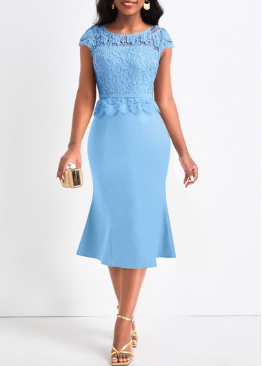 Light Blue dresses,Plain Color dresses,ROTITA Lace Light Blue Round Neck Bodycon Dress