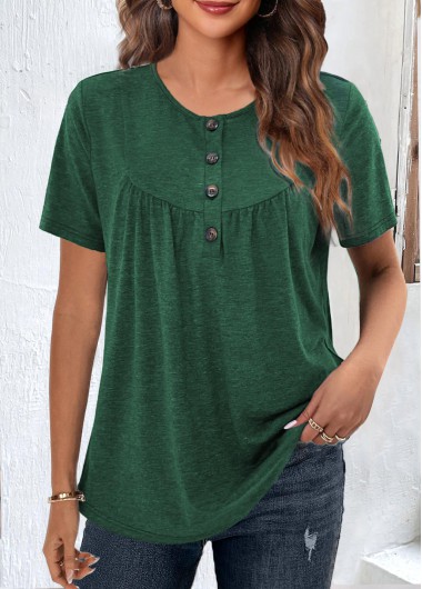 Green tops,Plain Color tops,ROTITA Button Green Round Neck Short Sleeve T Shirt