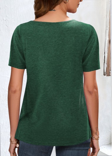 Green tops,Plain Color tops,ROTITA Button Green Round Neck Short Sleeve T Shirt