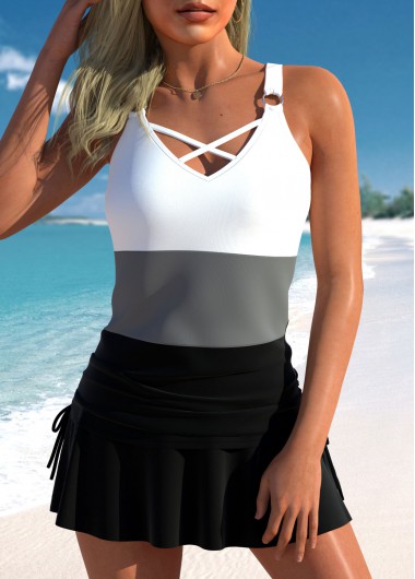 Black swimwear,White swimwear,Contrast Color swimwear,ROTITA Drawstring V Neck Black Tankini Top