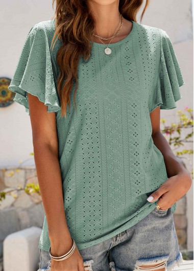 Green tops,Plain Color tops,Ruffle Green Round Neck Short Sleeve T Shirt