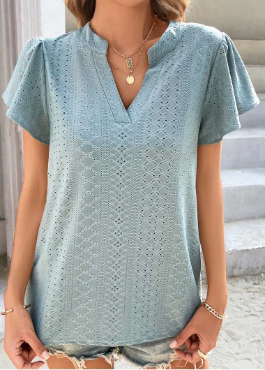 Dusty Blue tops,Plain Color tops,Dusty Blue Split Neck Short Sleeve T Shirt
