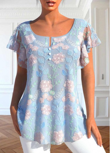 Light Blue tops,Plain Color tops,ROTITA Lace Light Blue Split Neck T Shirt