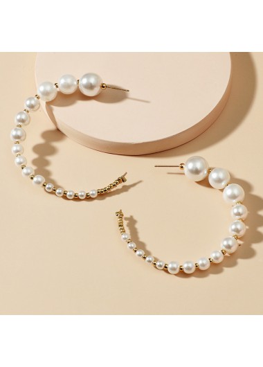 White jewelry,Contrast Color jewelry,Round White Pearl Golden Metal Earrings