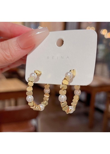 Gold jewelry,Geometric jewelry,Geometric Pattern Round Gold Pearl Detail Earrings