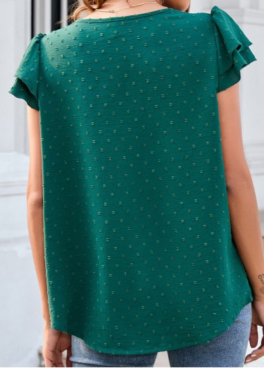 Green tops,Plain Color tops,Ruffle Green Button Detail V Neck Blouse