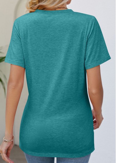 Turquoise tops,Plain Color tops,Wrap Turquoise V Neck Short Sleeve T Shirt