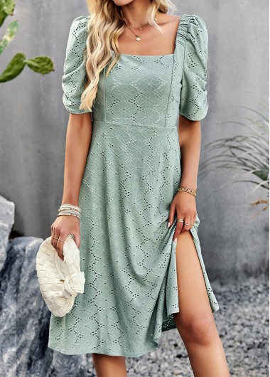 Sage Green dresses,Plain Color dresses,Smocked Sage Green Square Neck Short Sleeve Dress