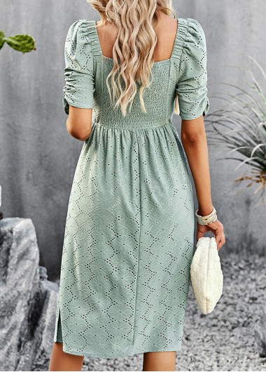 Sage Green dresses,Plain Color dresses,Smocked Sage Green Square Neck Short Sleeve Dress