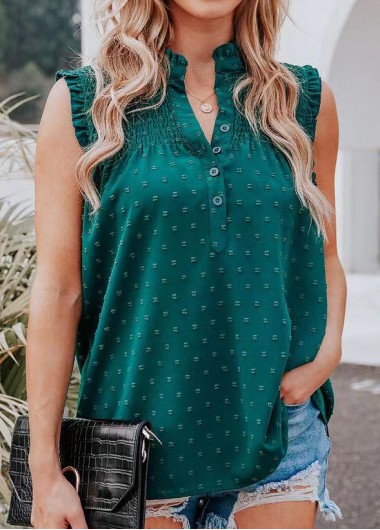 Green tops,Plain Color tops,Split Green Button Detail Sleeveless Blouse