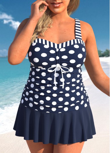 Navy plus size,Dot plus size,Geometric plus size,Striped plus size,ROTITA Plus Size Drawstring Polka Dot Navy Tankini Top