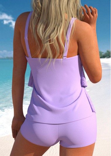 Light Purple swimwear,Plain Color swimwear,ROTITA Handkerchief Hem Light Purple High Waisted Tankini Set