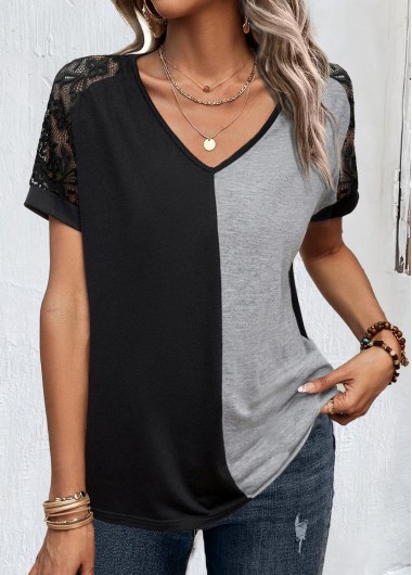 Black tops,Grey tops,Contrast Color tops,ROTITA Lace Black V Neck Short Sleeve T Shirt