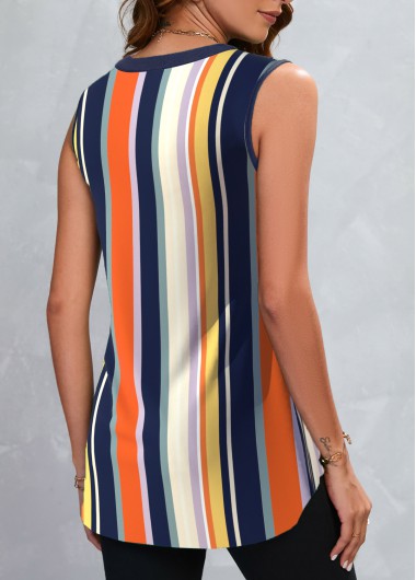 Multi Color tops,Striped tops,Geometric tops,ROTITA Zipper Striped Multi Color Split Neck Tank Top