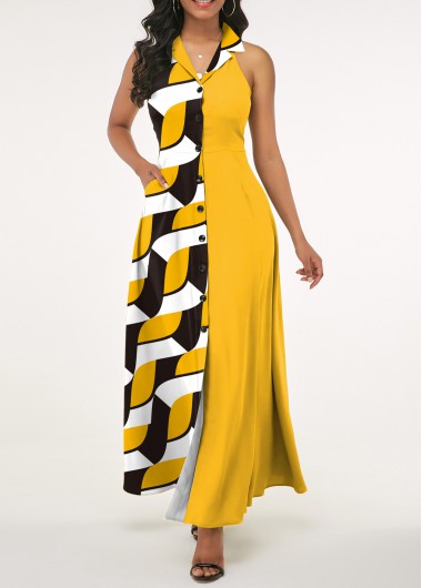 Yellow dresses,Geometric dresses,ROTITA Button Geometric Print Yellow Lapel Sleeveless Maxi Dress