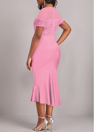 Pink dresses,Plain Color dresses,ROTITA Lace Pink Round Neck Short Sleeve Bodycon Dress