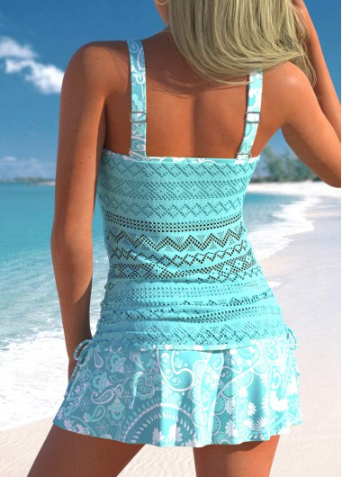 Cyan swimwear,Paisley swimwear,ROTITA Lace Drawstring Cyan Paisley Print Mid Waisted Tankini Set
