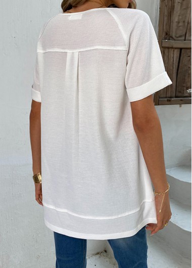White tops,Plain Color tops,Button White Round Neck Short Sleeve T Shirt