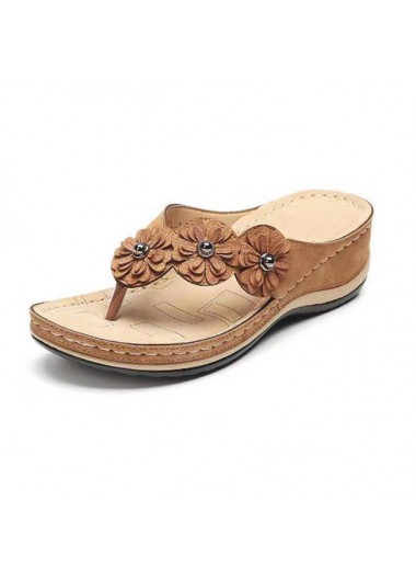 Dark Camel accessories,Plain Color accessories,Low Heel Floral Design Dark Camel Flip Flops