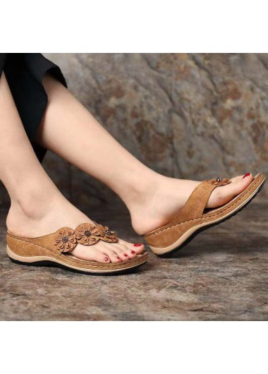 Dark Camel accessories,Plain Color accessories,Low Heel Floral Design Dark Camel Flip Flops