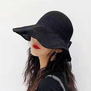 Black accessories,Plain Color accessories,Straw Hollow Detail Black Visor Hat