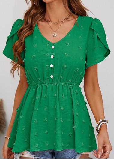 Green tops,Plain Color tops,Button Green V Neck Short Sleeve Blouse