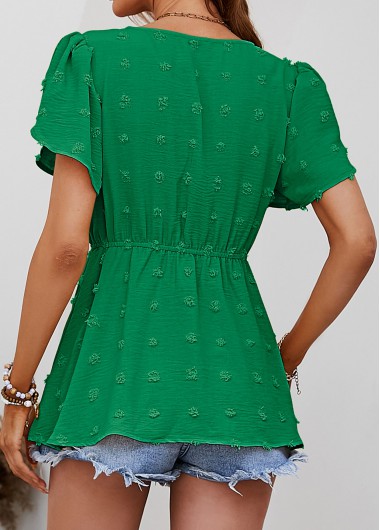 Green tops,Plain Color tops,Button Green V Neck Short Sleeve Blouse