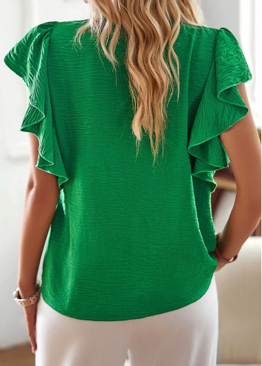 Green tops,Plain Color tops,Ruffle Green Stand Collar Short Sleeve Blouse
