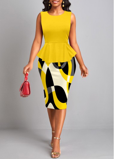 Yellow dresses,Geometric dresses,ROTITA Ruffle Geometric Print Yellow Round Neck Bodycon Dress