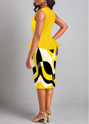 Yellow dresses,Geometric dresses,ROTITA Ruffle Geometric Print Yellow Round Neck Bodycon Dress