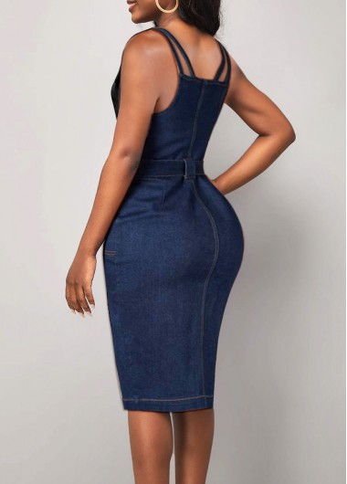 Denim Blue dresses,Plain Color dresses,ROTITA Zipper Belted Split Denim Bodycon Dress