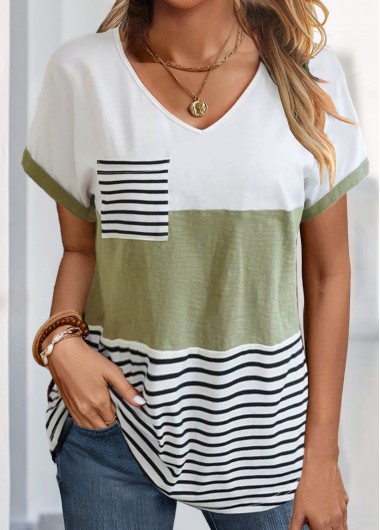 Sage Green tops,White tops,Striped tops,Geometric tops,ROTITA Pocket Striped Sage Green V Neck T Shirt