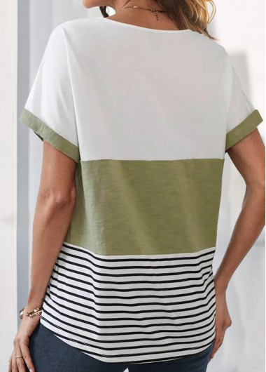 Sage Green tops,White tops,Striped tops,Geometric tops,ROTITA Pocket Striped Sage Green V Neck T Shirt