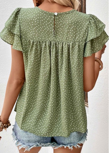 Green tops,Dot tops,Button Polka Dot Green Round Neck Blouse