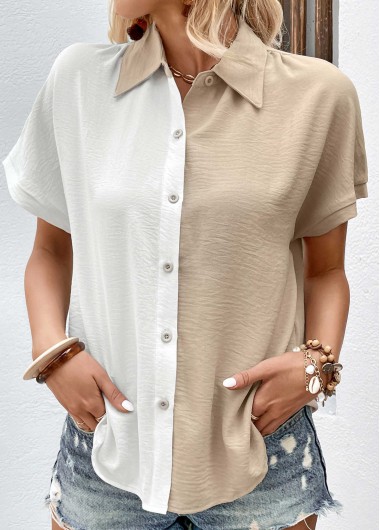 White tops,Light Camel tops,Contrast Color tops,Button White Shirt Collar Short Sleeve Blouse