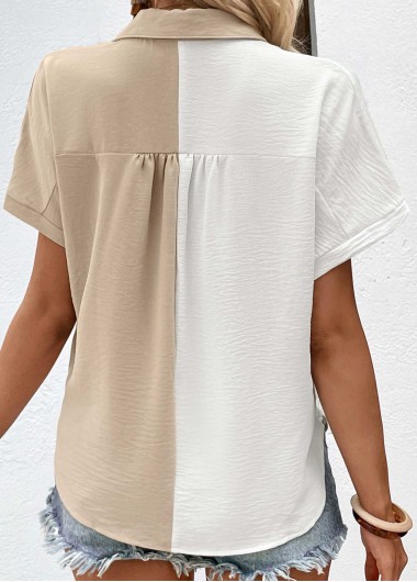 White tops,Light Camel tops,Contrast Color tops,Button White Shirt Collar Short Sleeve Blouse