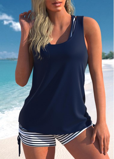 ROTITA Plus Size Mid Waisted Three-piece Striped Navy Top