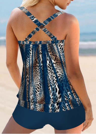 Peacock Blue plus size,Leopard plus size,Animal Print plus size,Striped plus size,ROTITA Plus Size Criss Cross Leopard Tankini Top