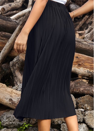 Black bottoms,Plain Color bottoms,Pleated Black Elastic Waist A Line Skirt