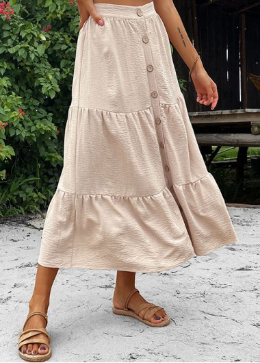 Beige bottoms,Plain Color bottoms,Button Beige Elastic Waist A Line Skirt