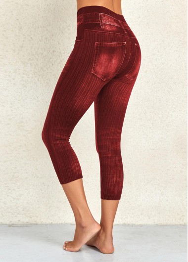 Wine Red bottoms,Plain Color bottoms,Wine Red High Waisted Elastic Waist Capri Leggings