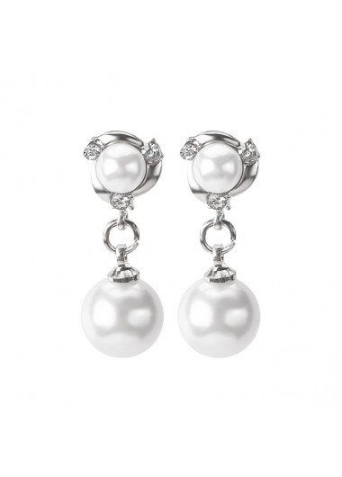 Silver jewelry,Geometric jewelry,Round Pearl Detail Geometric Pattern Silver Earrings