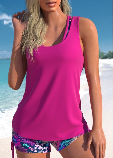 Hot Pink swimwear,Plants swimwear,Animal Print swimwear,ROTITA Three-piece Hot Pink High Waisted Tankini Set